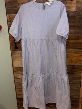 Amour Vert Blue Stripe Tiered Cotton Dress With Pockets